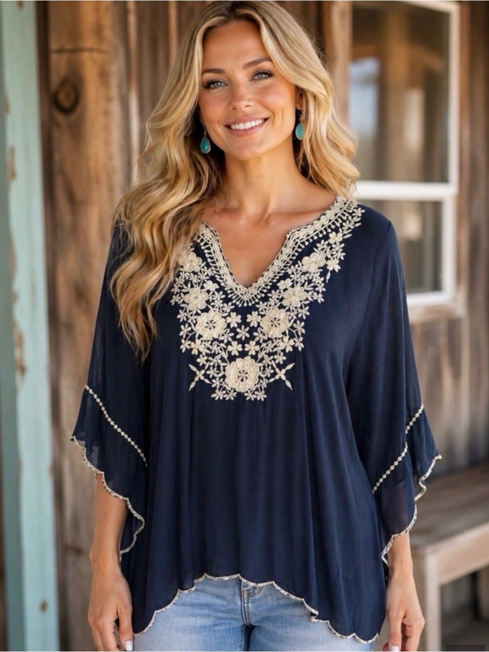 Johnny Was Embroidered Tunic/Blouse Oversized Navy Blue & cream Size M